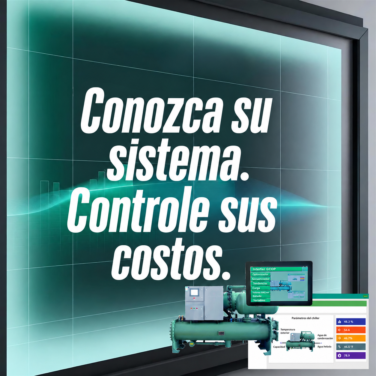 Diagrama educativo de GCOP que explica la optimización de la consigna de agua helada